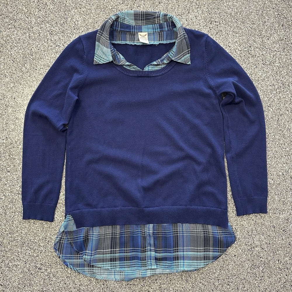 Faded Glory Sweater Collar Shirt Womens M Navy Blue Long Sleeve 2 in 1